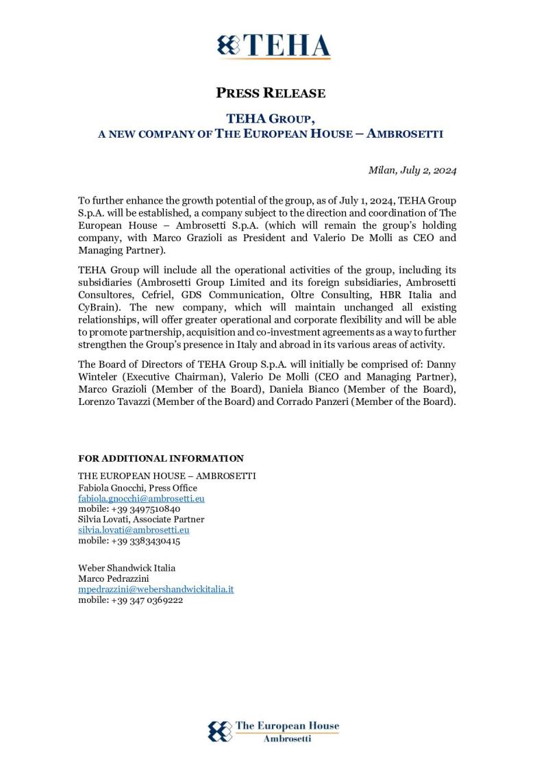 Press release - TEHA Group, a new company of The European House - Ambrosetti